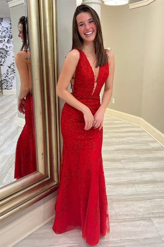 V Neck Mermaid Red Lace Tulle Long Prom Dresses, Mermaid Red Formal Dresses, Red Lace Evening Dresses EP1843