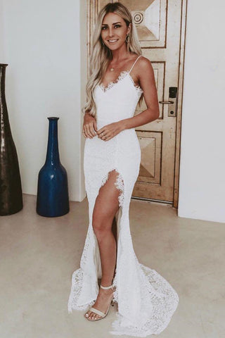 V Neck Mermaid White Lace Long Prom Dresses with High Slit, Mermaid White Formal Dresses, White Lace Evening Dresses EP1476
