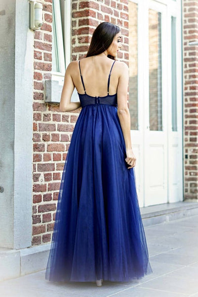 V Neck Navy Blue Lace Long Prom Dresses, Backless Navy Blue Formal Dresses, Navy Blue Lace Evening Dresses EP1667