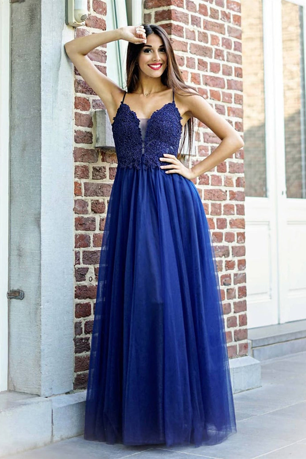 V Neck Navy Blue Lace Long Prom Dresses, Backless Navy Blue Formal Dre Eip Collection V Neck Navy Blue Lace Long Prom Dresses, Backless Navy Blue Formal Dre Eip Collection