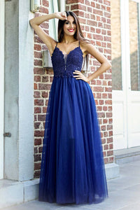 V Neck Navy Blue Lace Long Prom Dresses, Backless Navy Blue Formal Dresses, Navy Blue Lace Evening Dresses EP1667