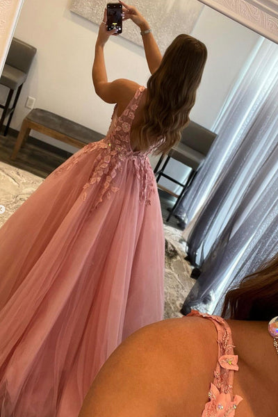 V Neck Open Back Beaded Pink Lace Long Prom Dresses, Pink Tulle Formal Dresses with Lace Appliques, Pink Lace Evening Dresses EP1834