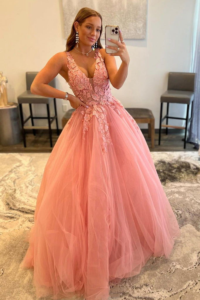 V Neck Open Back Beaded Pink Lace Long Prom Dresses, Pink Tulle