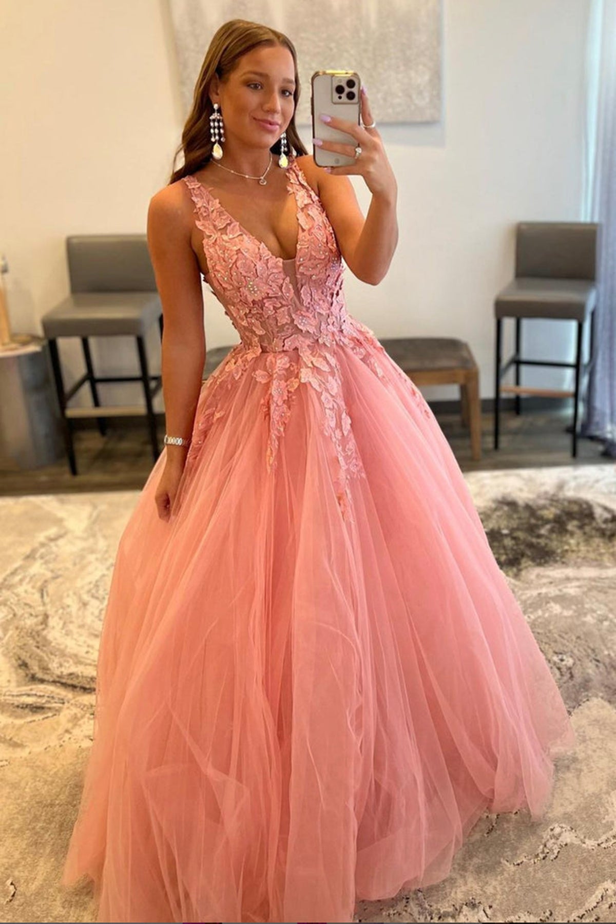 V Neck Open Back Beaded Pink Lace Long Prom Dresses, Pink Tulle Formal Eip Collection V Neck Open Back Beaded Pink Lace Long Prom Dresses, Pink Tulle Formal Eip Collection