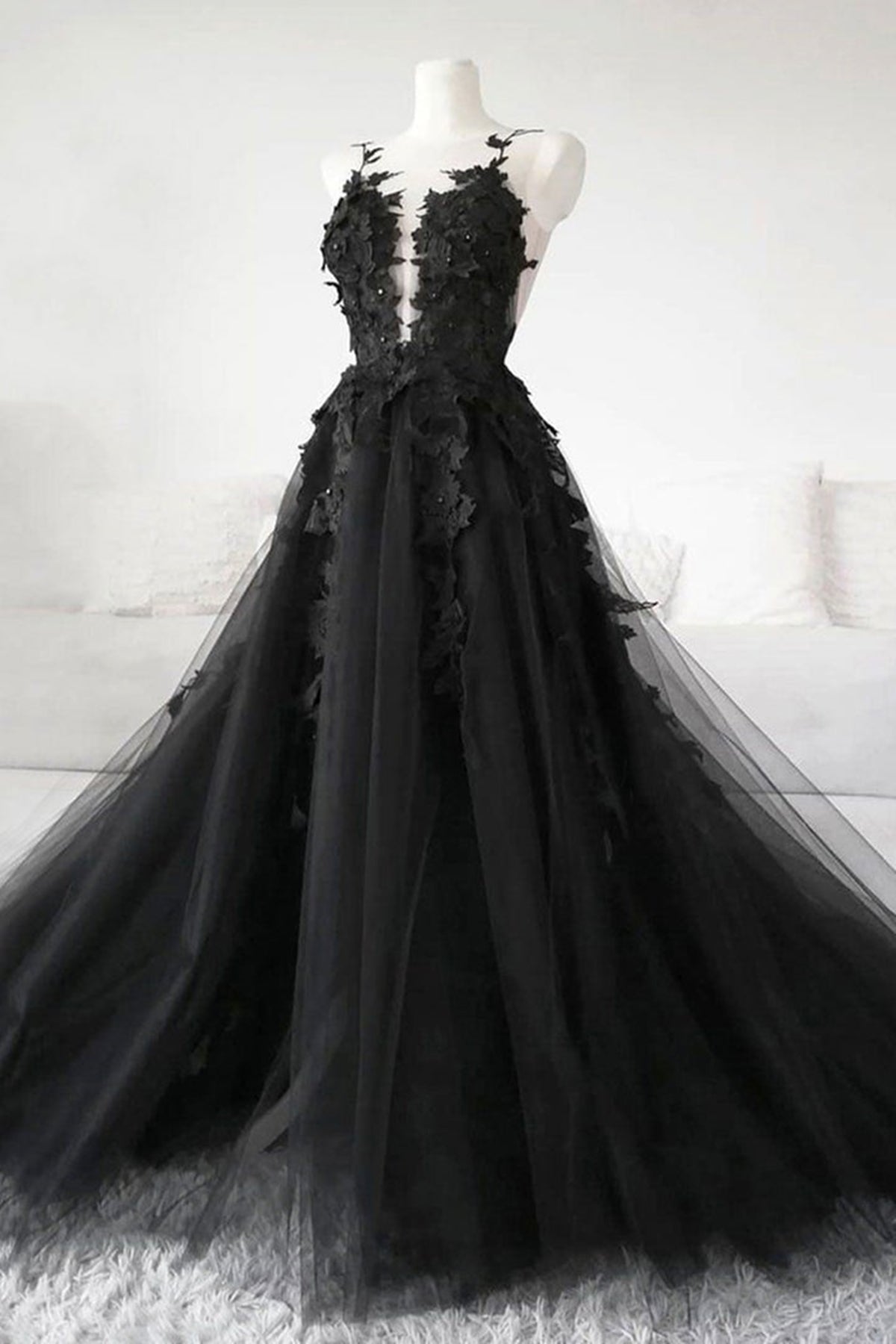 black lace prom dress with open back N A1374