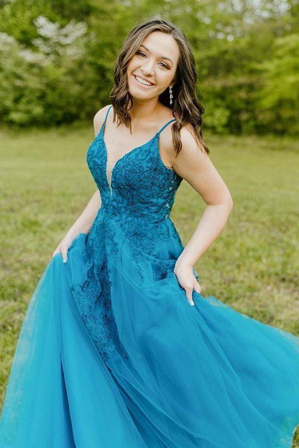 V Neck Open Back Blue Lace Long Prom Dresses Blue Lace Formal