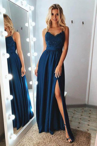 V Neck Open Back Blue Lace Long Prom Dresses with High Slit, Blue Lace Formal Graduation Evening Dresses EP1681