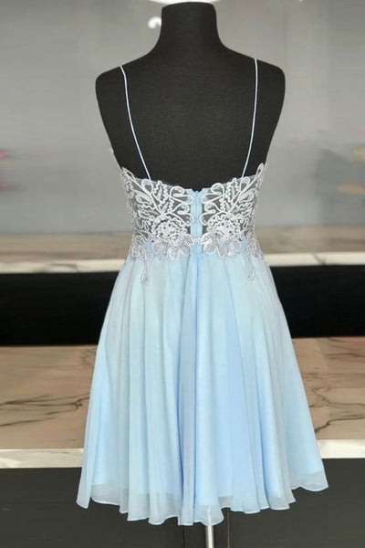 V Neck Open Back Blue Lace Short Prom Dresses, Blue Lace Homecoming Dresses, Short Blue Formal Evening Dresses EP1329