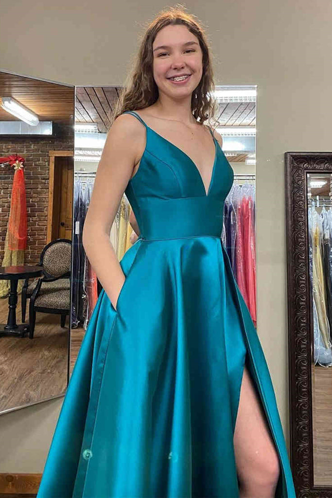 V Neck Open Back Blue Satin Long Prom Dresses with High Slit, Blue For Eip Collection V Neck Open Back Blue Satin Long Prom Dresses with High Slit, Blue For Eip Collection