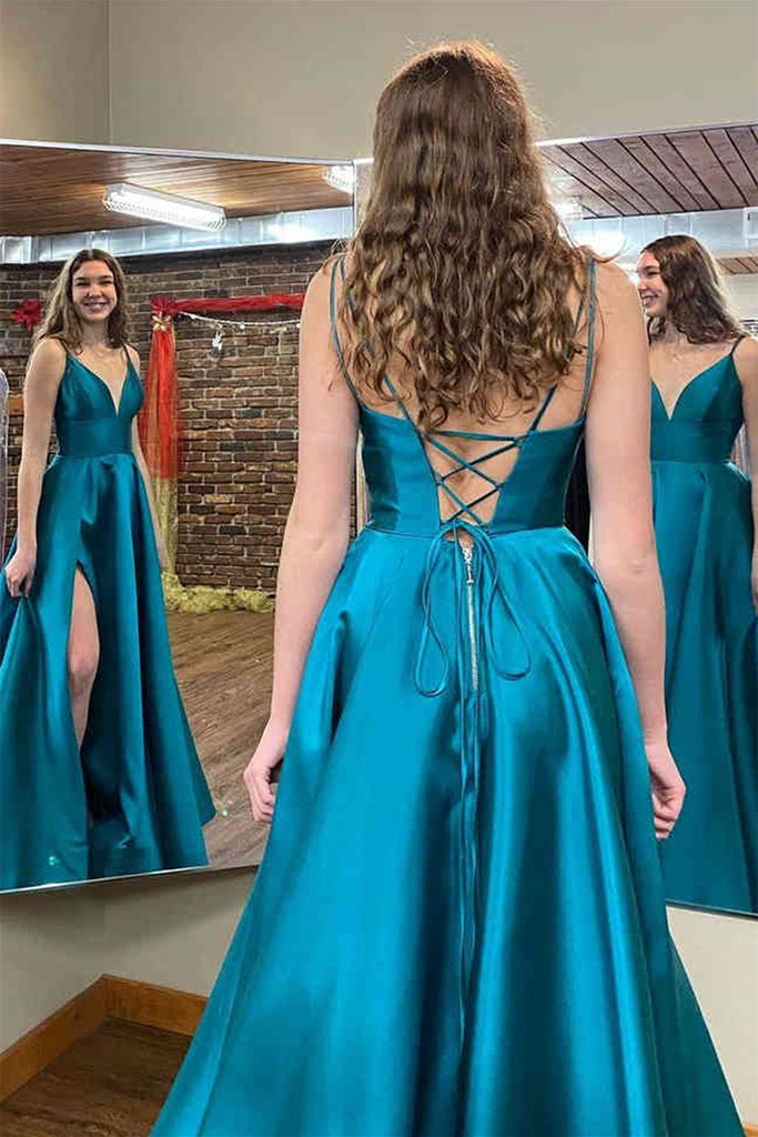 V Neck Open Back Blue Satin Long Prom Dresses with High Slit, Blue For Eip Collection V Neck Open Back Blue Satin Long Prom Dresses with High Slit, Blue For Eip Collection