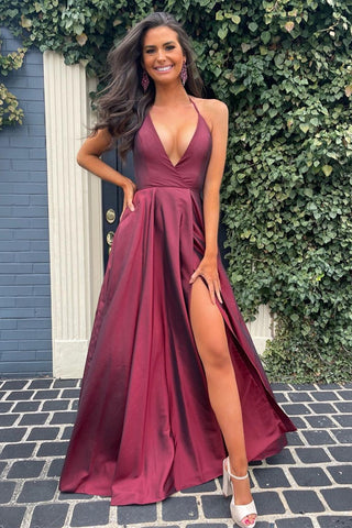 V Neck Open Back Burgundy Long Prom Dresses with Leg Slit, High Slit Burgundy Formal Evening Dresses