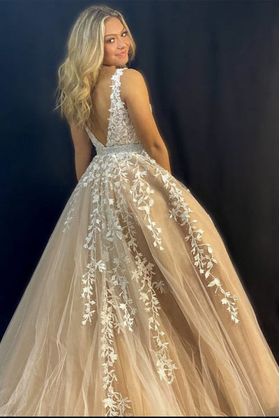 V Neck Open Back Champagne Tulle Lace Long Prom Dresses with Belt, Champagne Lace Formal Graduation Evening Dresses EP1714