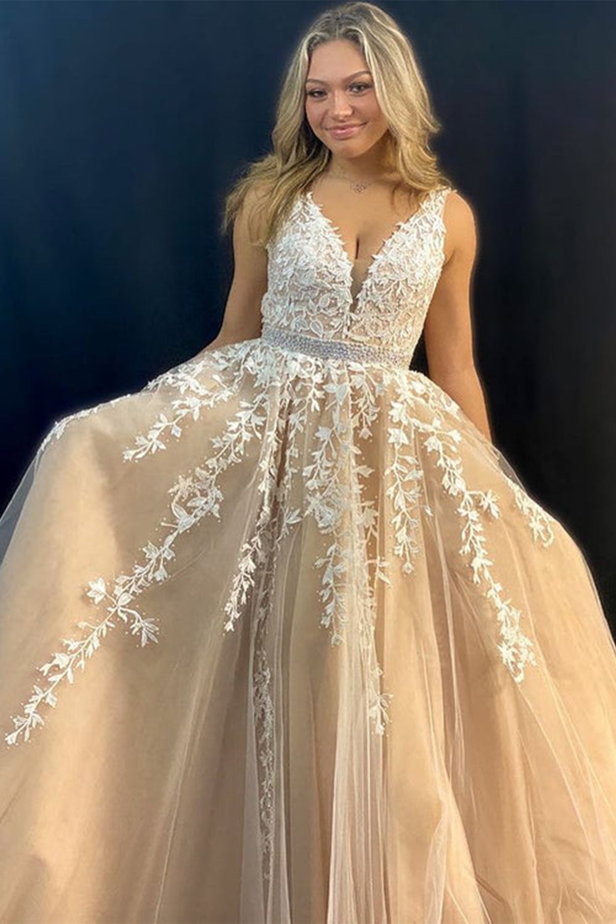 V Neck Open Back Champagne Tulle Lace Long Prom Dresses with Belt, Champagne Lace Formal Graduation Evening Dresses EP1714
