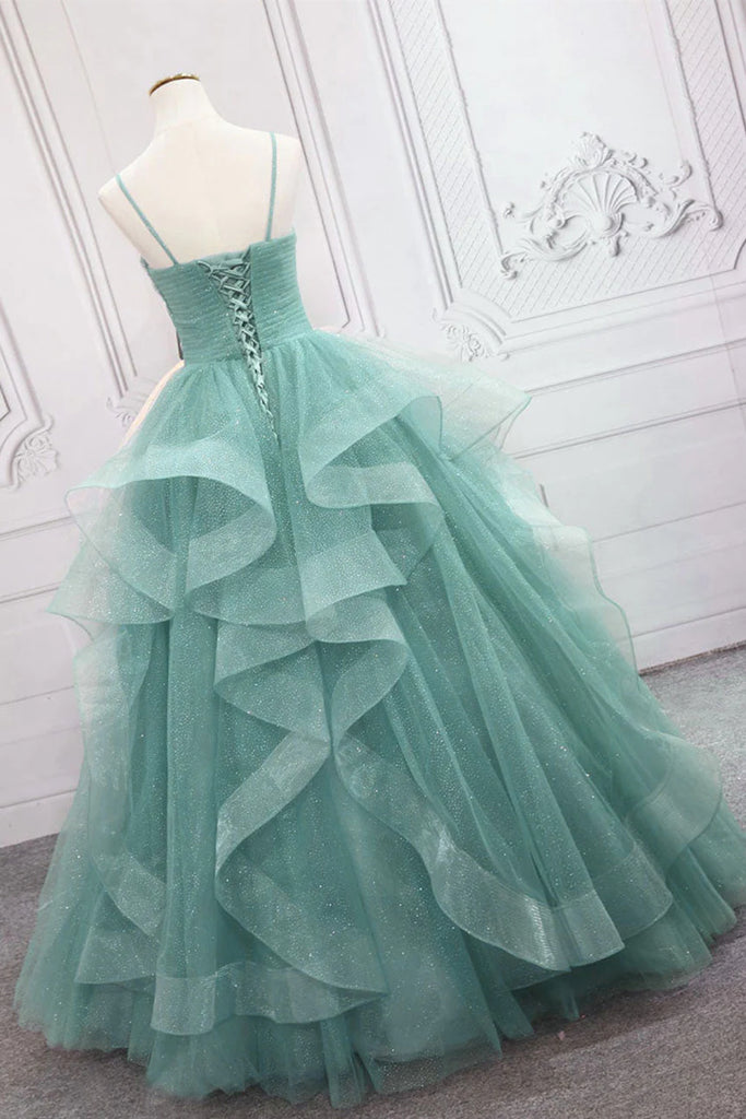 V Neck Open Back Fluffy Green Tulle Long Prom Dresses, Green Formal Ev Eip Collection V Neck Open Back Fluffy Green Tulle Long Prom Dresses, Green Formal Ev Eip Collection