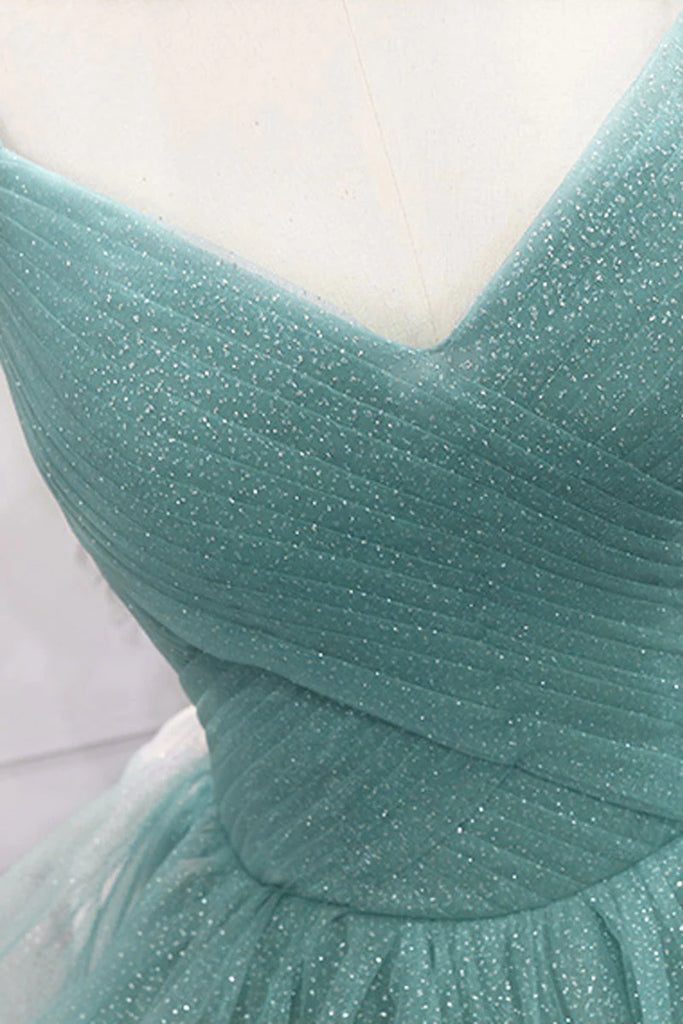 V Neck Open Back Fluffy Green Tulle Long Prom Dresses, Green Formal Ev Eip Collection V Neck Open Back Fluffy Green Tulle Long Prom Dresses, Green Formal Ev Eip Collection