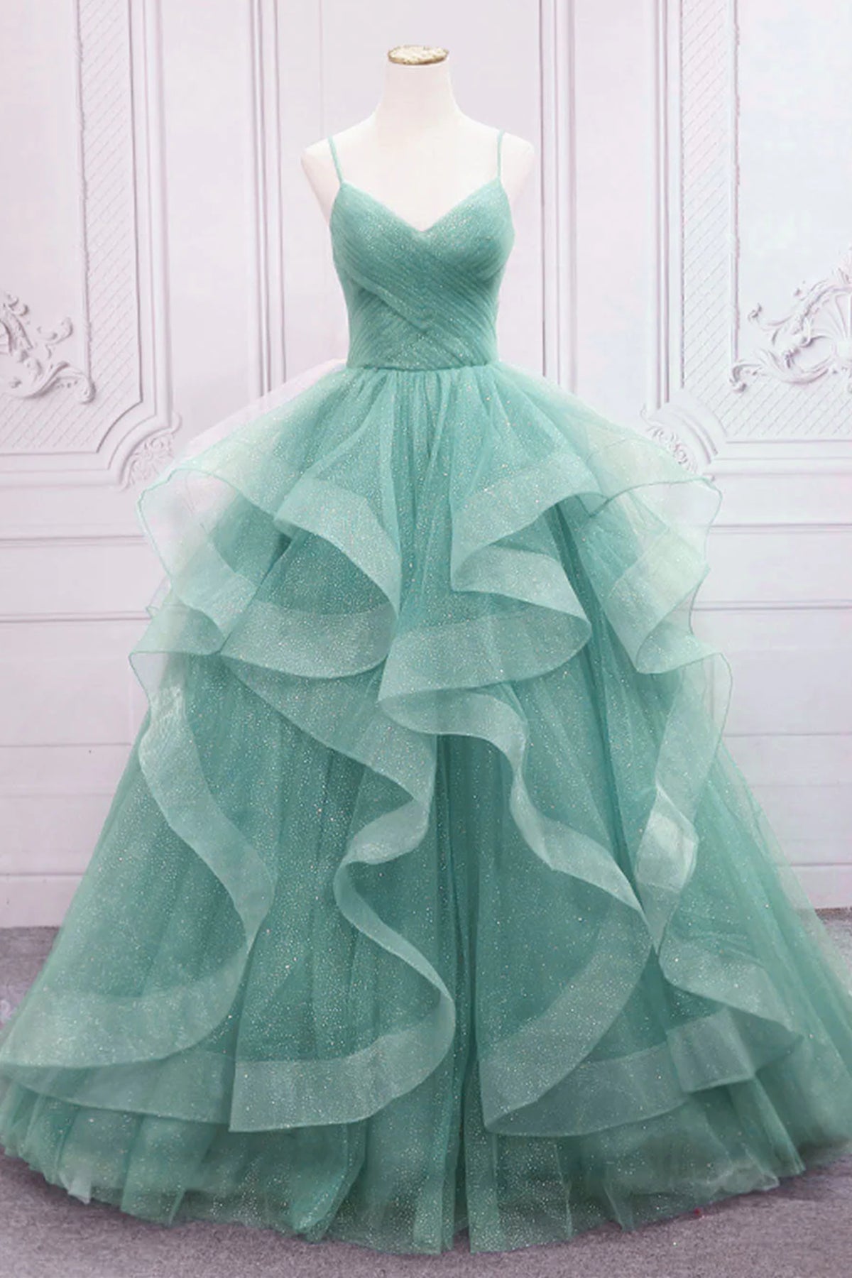 V Neck Open Back Fluffy Green Tulle Long Prom Dresses, Green Formal Ev Eip Collection V Neck Open Back Fluffy Green Tulle Long Prom Dresses, Green Formal Ev Eip Collection