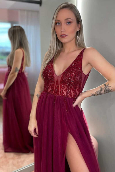 V Neck Open Back Gray/Burgundy Tulle Beaded Long Prom Dresses with High Slit, Grey/Burgundy Tulle Beaded Formal Evening Dresses EP1816