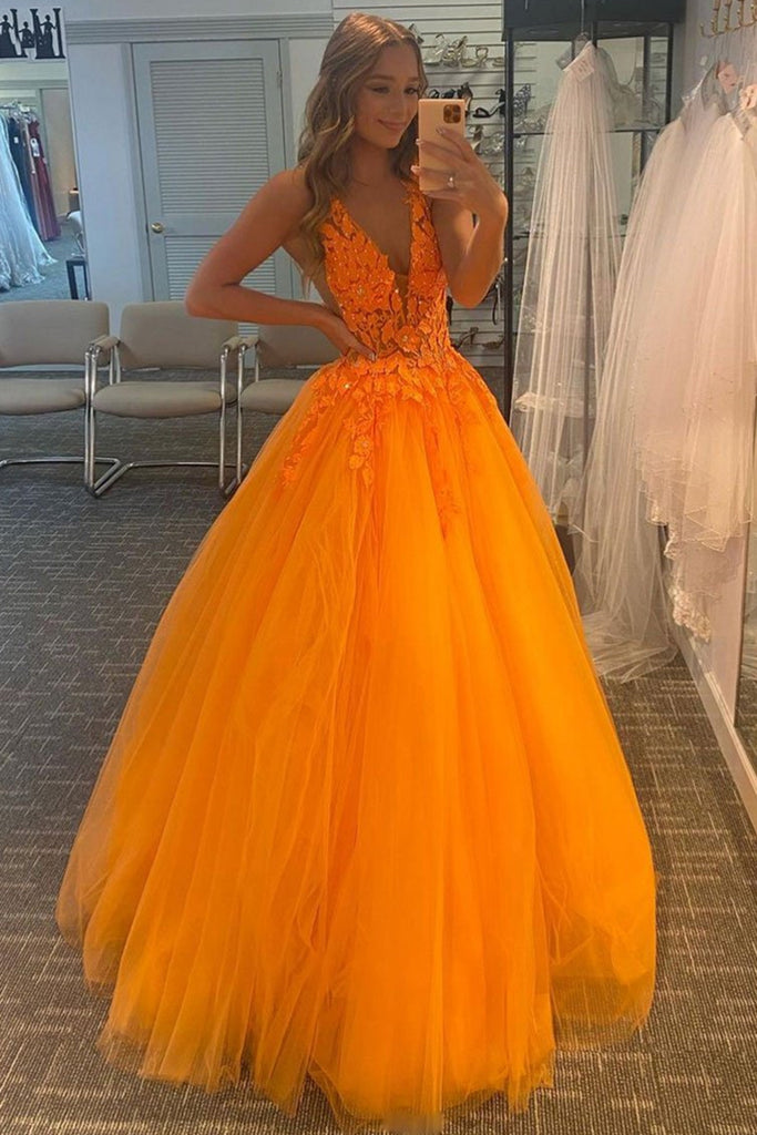 V Neck Open Back Orange Lace Long Prom Dresses, Orange Lace Formal Dre Eip Collection V Neck Open Back Orange Lace Long Prom Dresses, Orange Lace Formal Dre Eip Collection