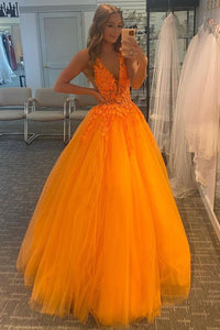 V Neck Open Back Orange Lace Long Prom Dresses, Orange Lace Formal Dresses, Orange Evening Dresses EP1383