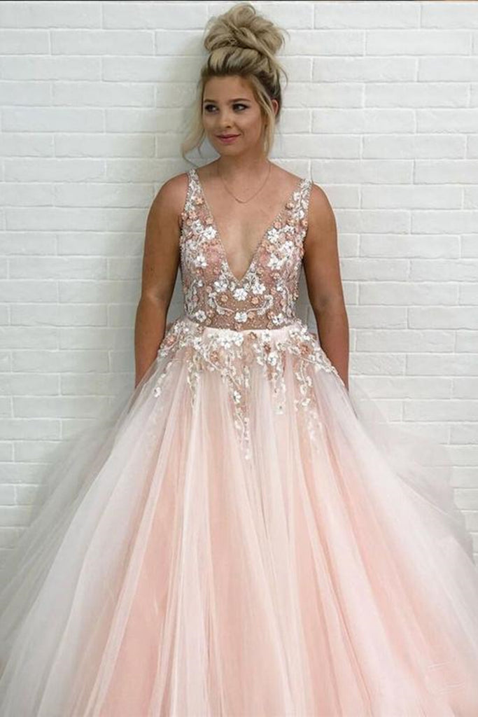 V Neck Open Back Pink Floral Long Prom Dresses, V Neck Pink Formal Dre –  Eip Collection