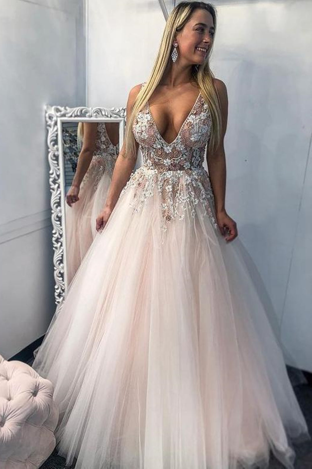 V Neck Open Back Pink Floral Long Prom Dresses, V Neck Pink Formal Dre Eip Collection V Neck Open Back Pink Floral Long Prom Dresses, V Neck Pink Formal Dre Eip Collection