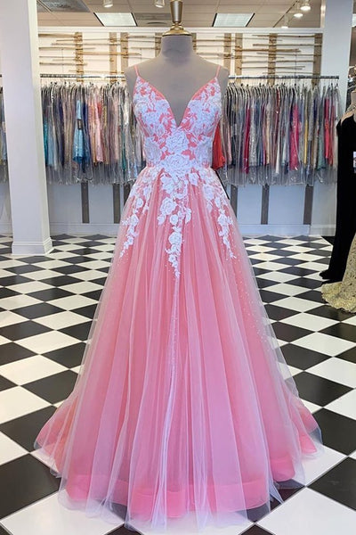V Neck Open Back Pink Prom Dresses with Lace Appliques, V Neck Pink Formal Evening Dresses EP1446