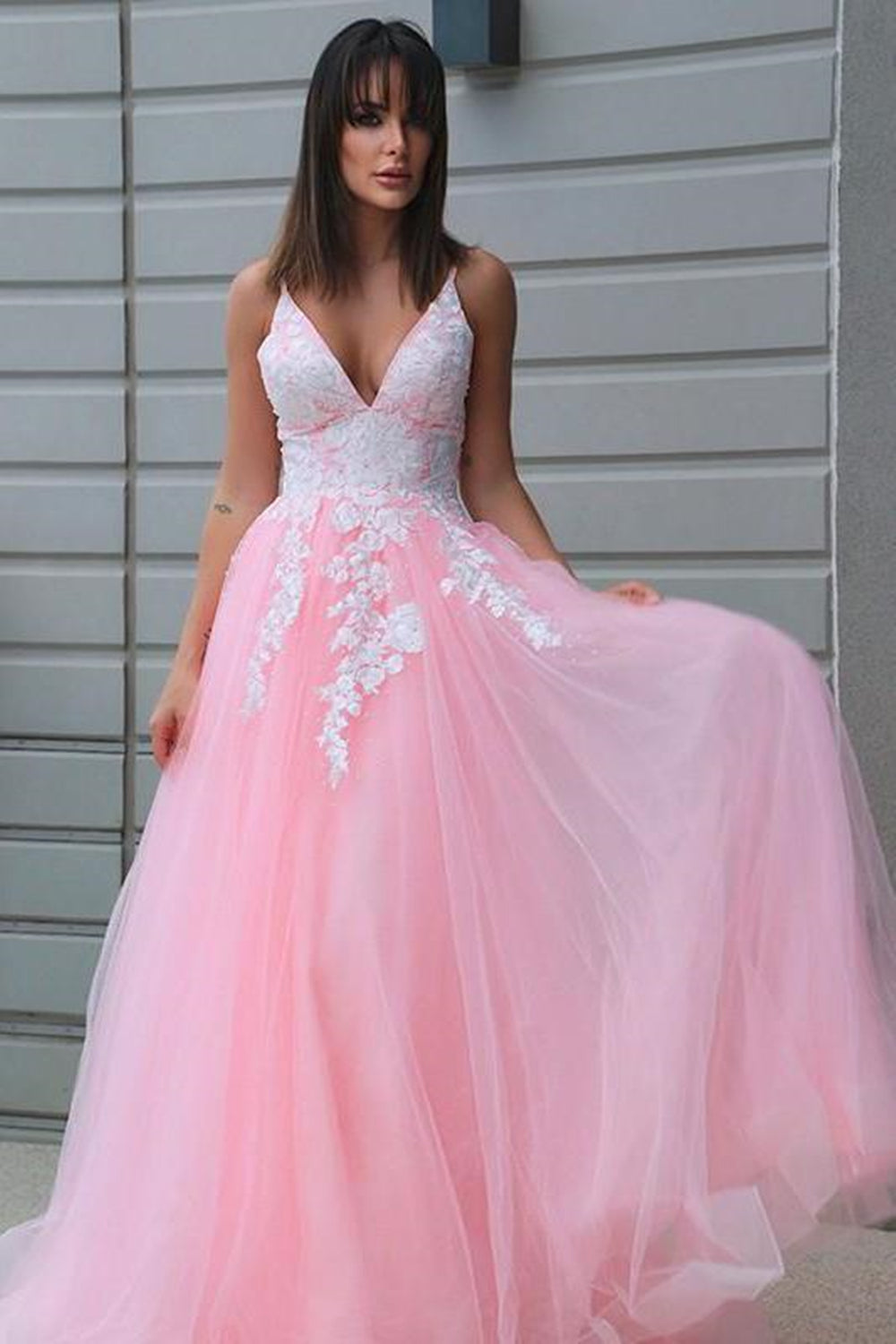 V Neck Open Back Pink Prom Dresses with Lace Appliques, V Neck Pink Fo Eip Collection V Neck Open Back Pink Prom Dresses with Lace Appliques, V Neck Pink Fo Eip Collection