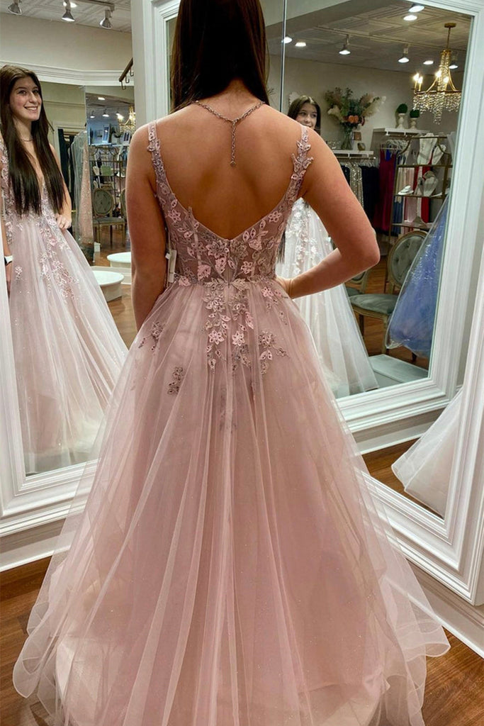 V Neck Open Back Beaded Pink Tulle Long Prom Dresses with Lace Flowers Eip Collection V Neck Open Back Beaded Pink Tulle Long Prom Dresses with Lace Flowers Eip Collection