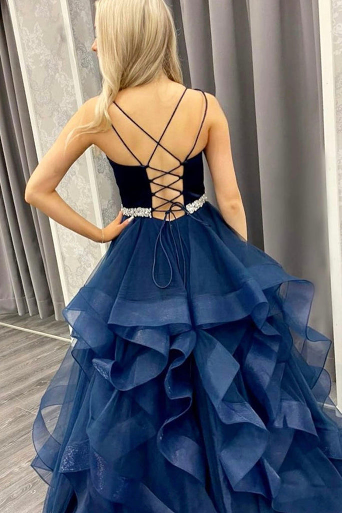 V Neck Open Back Puffy Blue Tulle Long Prom Dresses with Belt, V Neck Eip Collection V Neck Open Back Puffy Blue Tulle Long Prom Dresses with Belt, V Neck Eip Collection