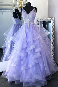 V Neck Open Back Purple Lace Long Prom Dresses, Purple Lace Formal Evening Dresses, Purple Ball Gown EP1641