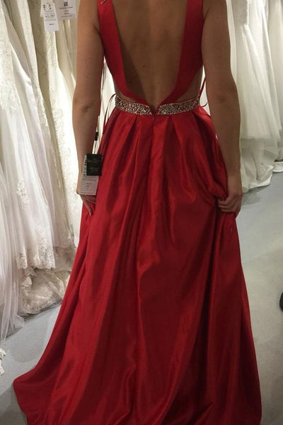 V Neck Open Back Red Long Prom Dresses with Belt, Open Back Red Forma Graduation Evening Dresses EP1365