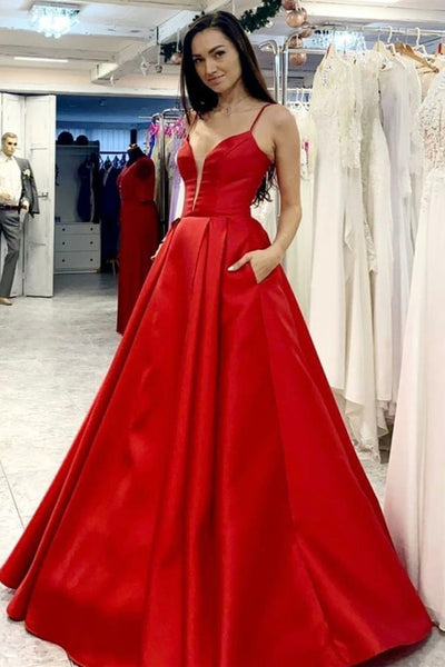 V Neck Open Back Red Satin Long Prom Dresses, V Neck Red Formal Graduation Evening Dresses EP1747