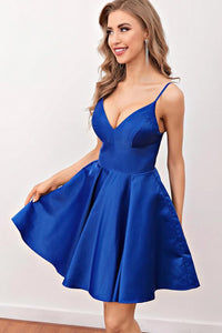 V Neck Open Back Royal Blue Prom Dresses, Backless Royal Blue Homecoming Dresses, Short Royal Blue Formal Evening Dresses EP1403