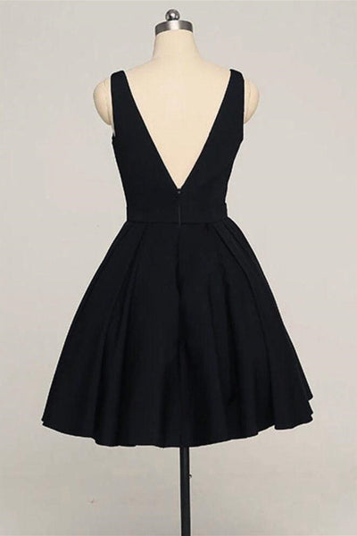 V Neck Open Back Short Black Prom Dresses, V Neck Black Homecoming Dresses, Black Formal Evening Dresses EP1373