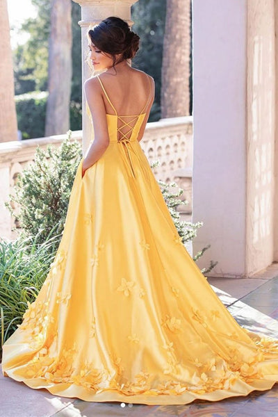 V Neck Open Back Yellow Satin Long Prom Dresses with Flowers, Long Yellow Floral Formal Evening Dresses EP1443