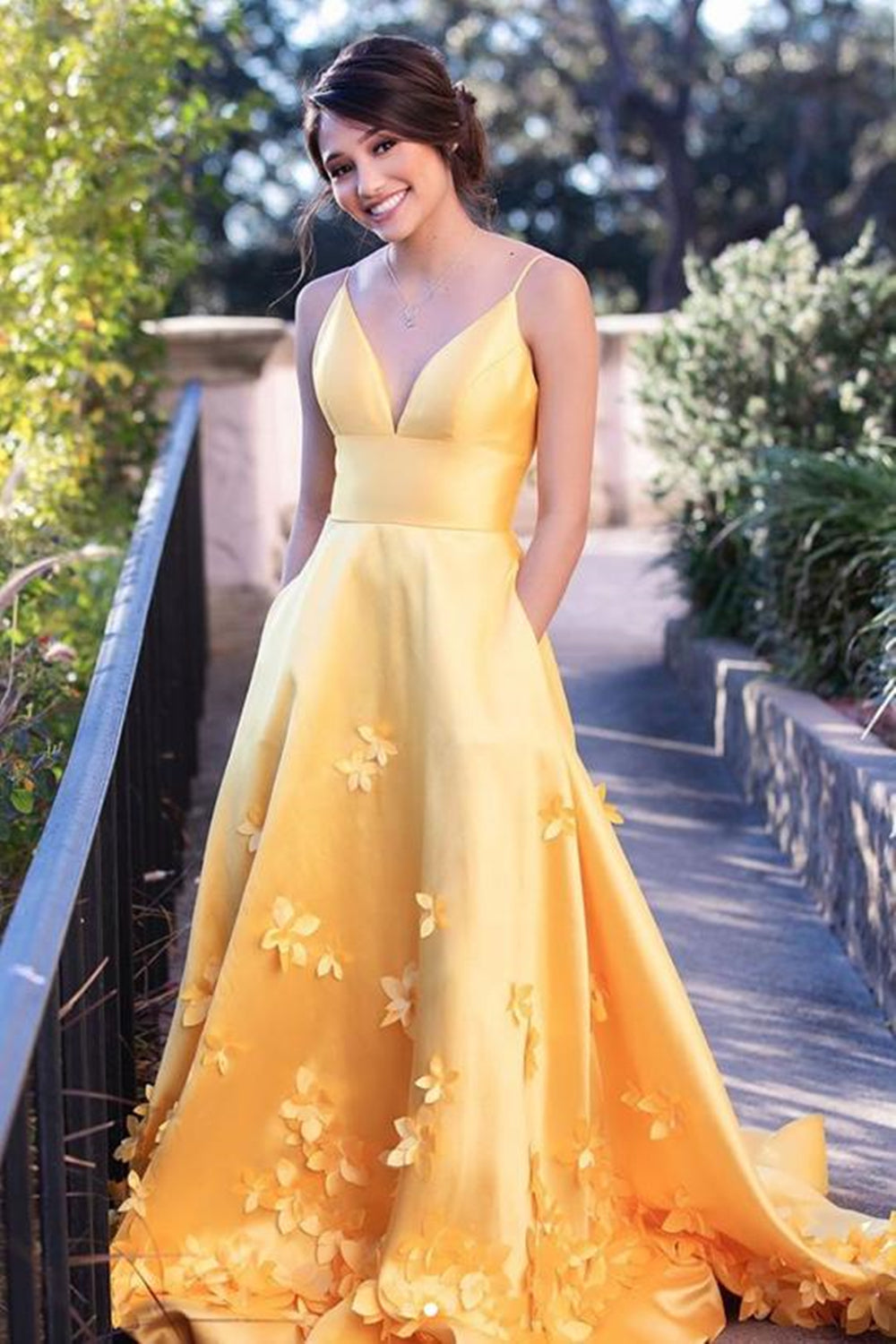 V Neck Open Back Yellow Satin Long Prom Dresses with Flowers, Long Yel Eip Collection V Neck Open Back Yellow Satin Long Prom Dresses with Flowers, Long Yel Eip Collection