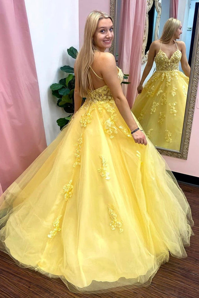 V Neck Open Back Yellow Tulle Lace Long Prom Dresses, Yellow Lace Form Eip Collection V Neck Open Back Yellow Tulle Lace Long Prom Dresses, Yellow Lace Form Eip Collection