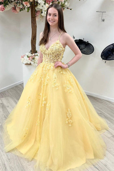 V Neck Open Back Yellow Tulle Lace Long Prom Dresses, Yellow Lace Formal Dresses, Yellow Evening Dresses EP1688