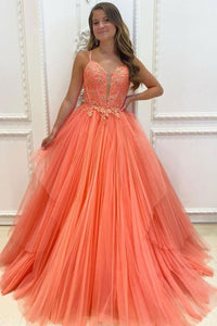 V Neck Orange Lace Long Prom Dresses, Orange Lace Formal Evening Dresses, Orange Ball Gown EP1364