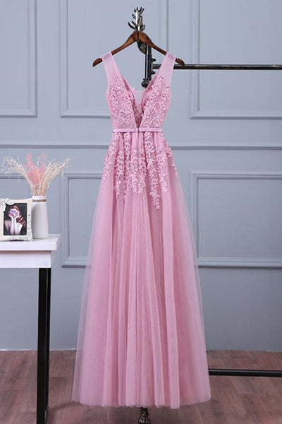 V Neck Pink Lace Prom Dresses, Pink V Neck Lace Bridesmaid Formal Dresses