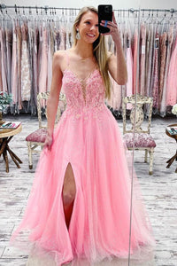 V Neck Pink Lace Tulle Long Prom Dresses with High Slit, Pink Lace Formal Dresses, Pink Evening Dresses EP1709