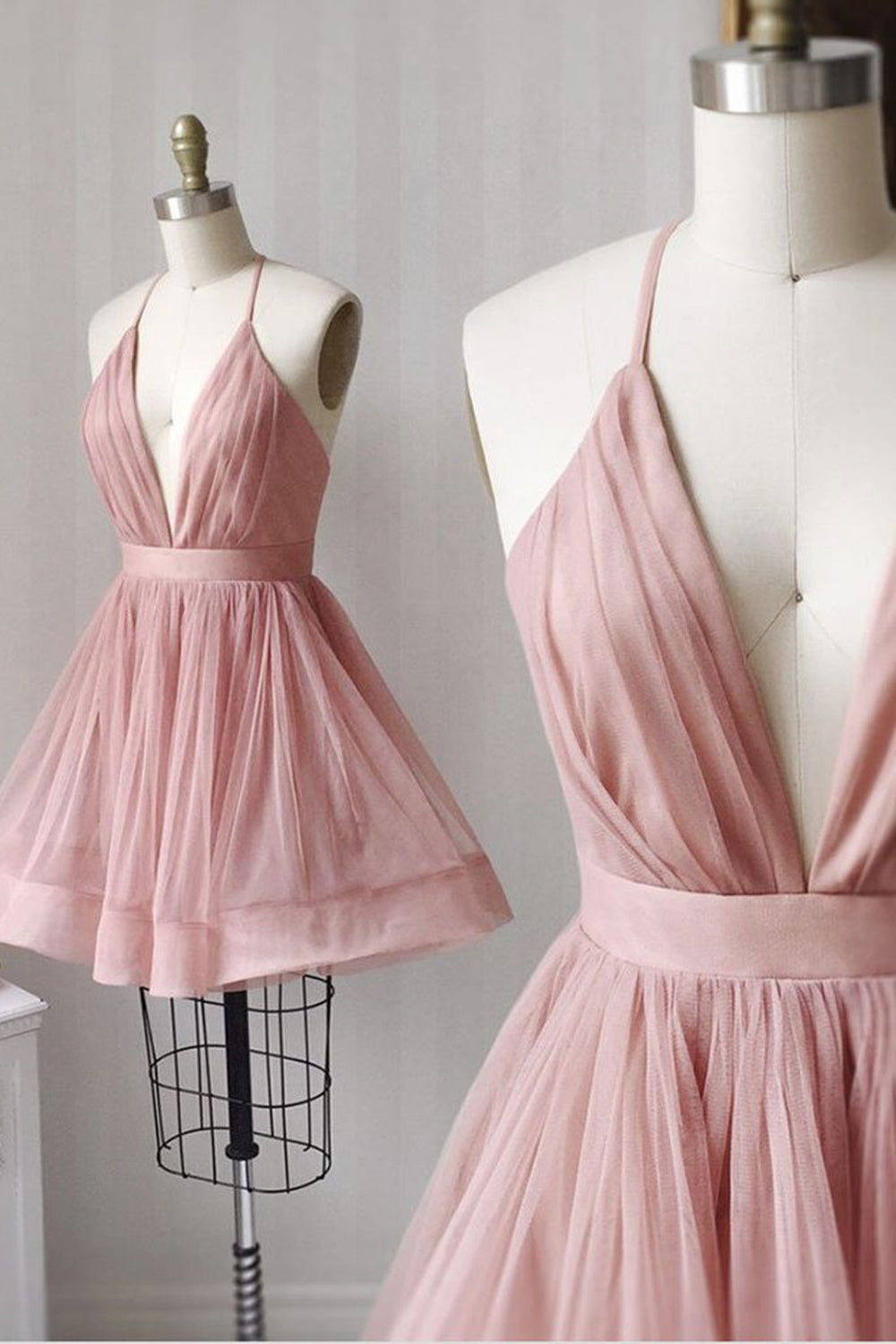 V Neck Pink Short Prom Dresses, Pink Homecoming Dresses, Short Pink Formal Evening Dresses EP1338