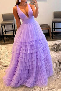 V Neck Purple High Low Tulle Long Prom Dresses, Purple V Neck Tulle Long Formal Evening Dresses
