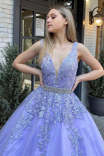 V Neck Purple Lace Long Prom Dresses with Belt, Long Purple Lace Formal Evening Dresses, Purple Ball Gown