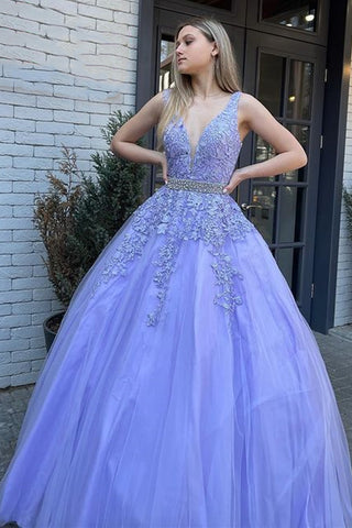 V Neck Purple Lace Long Prom Dresses with Belt, Long Purple Lace Formal Evening Dresses, Purple Ball Gown