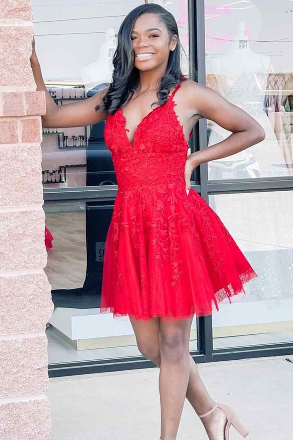 V Neck Red Lace Short Prom Dresses, Red Lace Homecoming Dresses, Red F Eip Collection V Neck Red Lace Short Prom Dresses, Red Lace Homecoming Dresses, Red F Eip Collection