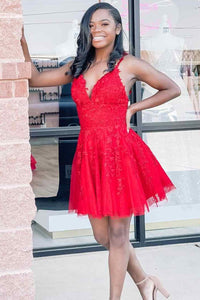 V Neck Red Lace Short Prom Dresses, Red Lace Homecoming Dresses, Red Formal Graduation Evening Dresses EP1542