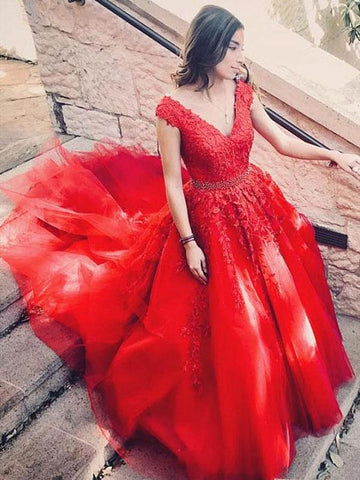 V Neck Red Tulle Lace Prom Dresses, V Neck Red Lace Long Formal Evening Dresses
