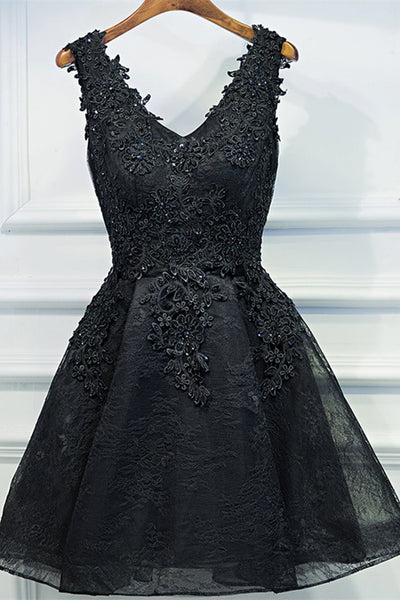 V Neck Short Black Lace Prom Dresses, Black Lace Homecoming Dresses, Short Black Formal Evening Dresses
