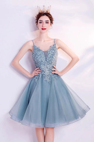 V Neck Short Gray Blue Lace Prom Dresses, Short Gray Blue Lace Formal Homecoming Dresses